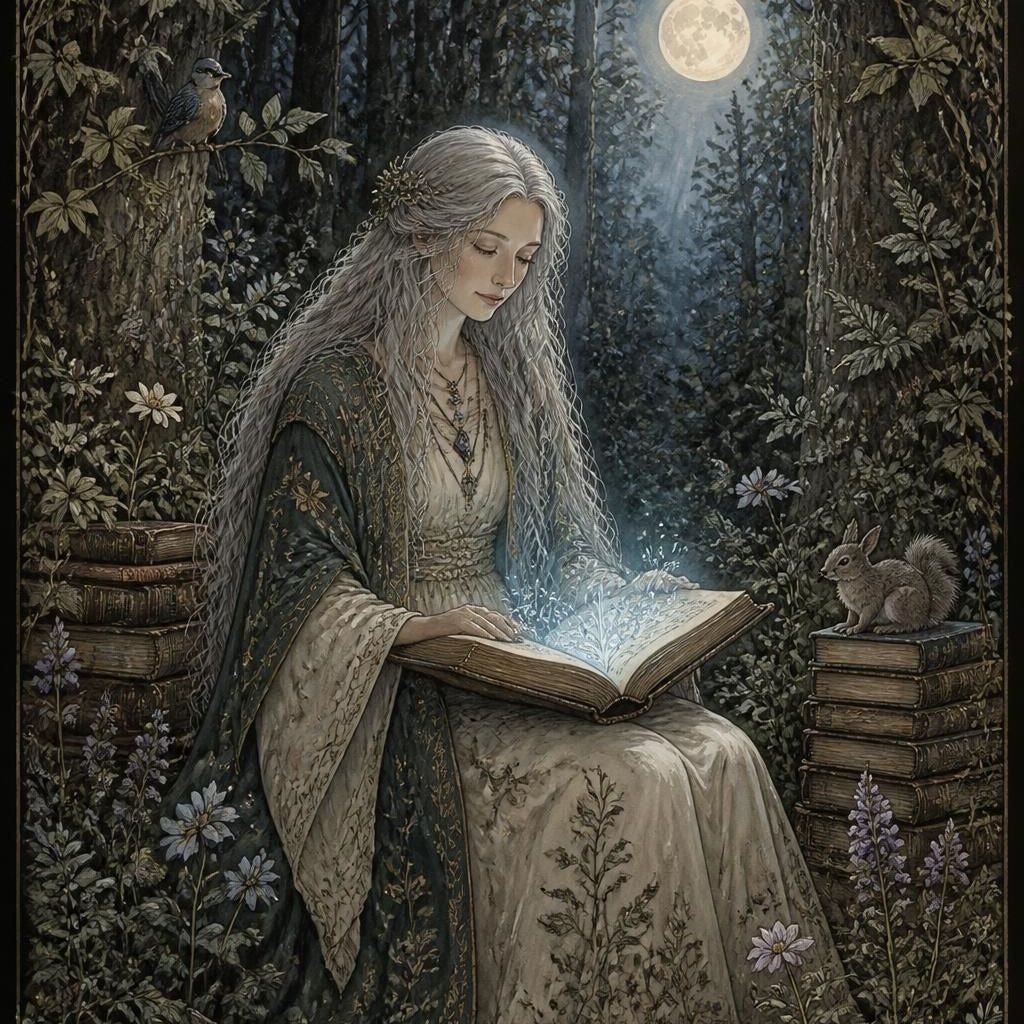 A fantasy-style artwork showing a woman in a forest at night reading a glowing book, surrounded by woodland critters and the light of the moon.